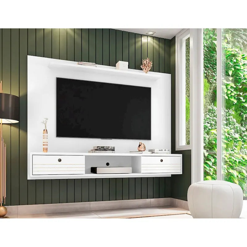 Meuble TV mural flottant de style rustique marron/blanc/noir, moderne du milieu du siècle, avec rangement dissimulé – Simple