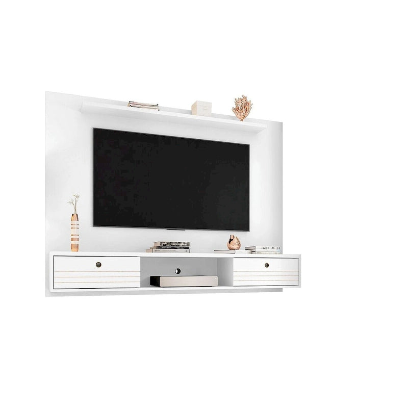 Meuble TV mural flottant de style rustique marron/blanc/noir, moderne du milieu du siècle, avec rangement dissimulé – Simple