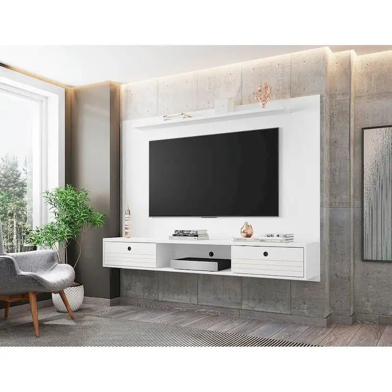 Meuble TV mural flottant de style rustique marron/blanc/noir, moderne du milieu du siècle, avec rangement dissimulé – Simple