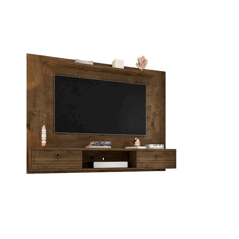 Meuble TV mural flottant de style rustique marron/blanc/noir, moderne du milieu du siècle, avec rangement dissimulé – Simple