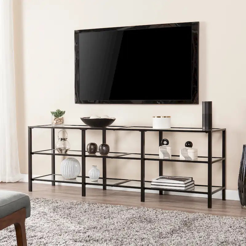 Meuble TV multimédia en métal thermolaqué noir/blanc et verre trempé, 70" – Simple