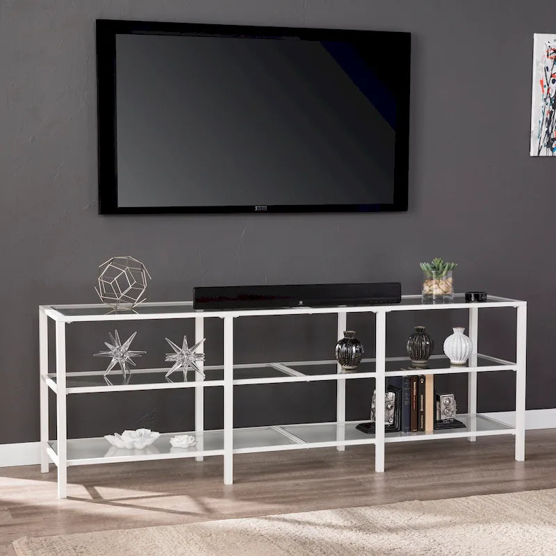 Meuble TV multimédia en métal thermolaqué noir/blanc et verre trempé, 70" – Simple