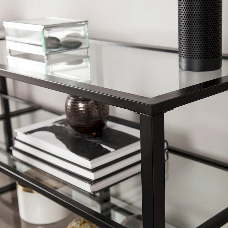 Meuble TV multimédia en métal thermolaqué noir/blanc et verre trempé, 70" – Simple