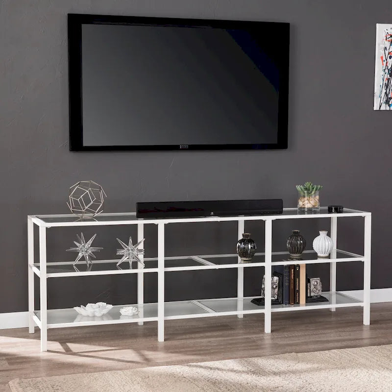 Meuble TV multimédia en métal thermolaqué noir/blanc et verre trempé, 70" – Simple