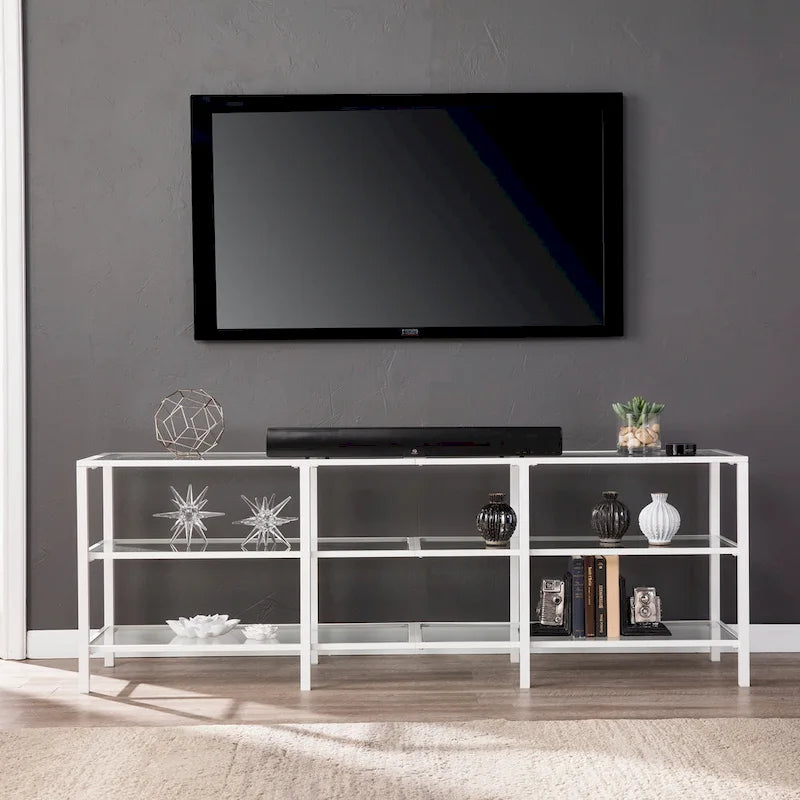 Meuble TV multimédia en métal thermolaqué noir/blanc et verre trempé, 70" – Simple