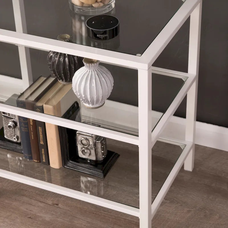 Meuble TV multimédia en métal thermolaqué noir/blanc et verre trempé, 70" – Simple