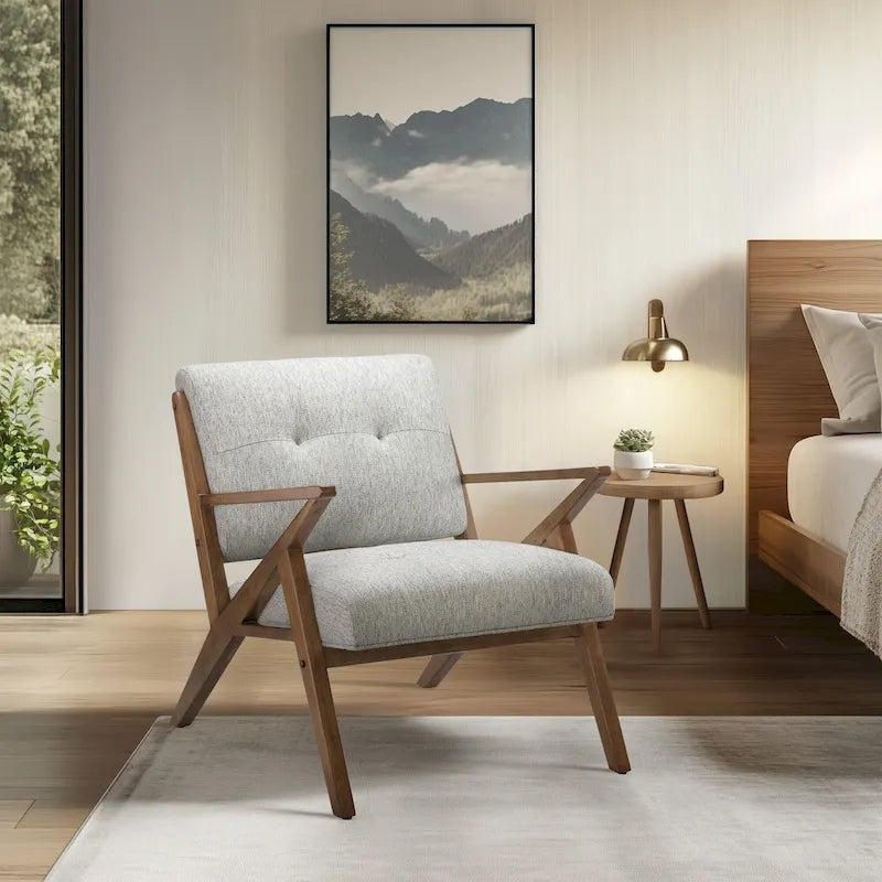 Fauteuil scandinave capitonné en tissu orange et gris clair, avec accoudoirs et cadre en bois incliné – Unité