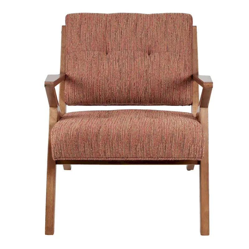 Fauteuil scandinave capitonné en tissu orange et gris clair, avec accoudoirs et cadre en bois incliné – Unité