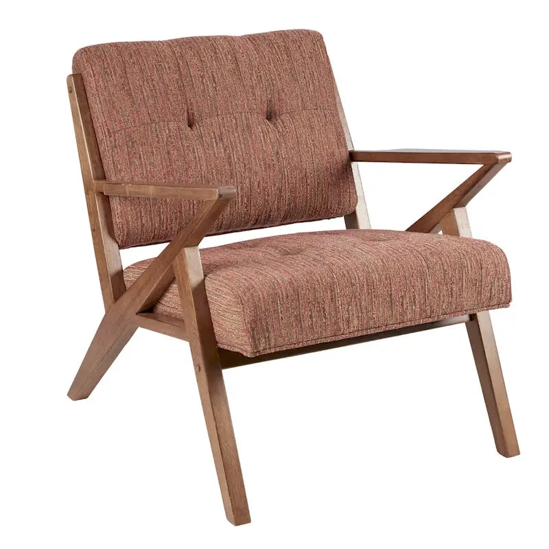 Fauteuil scandinave capitonné en tissu orange et gris clair, avec accoudoirs et cadre en bois incliné – Unité