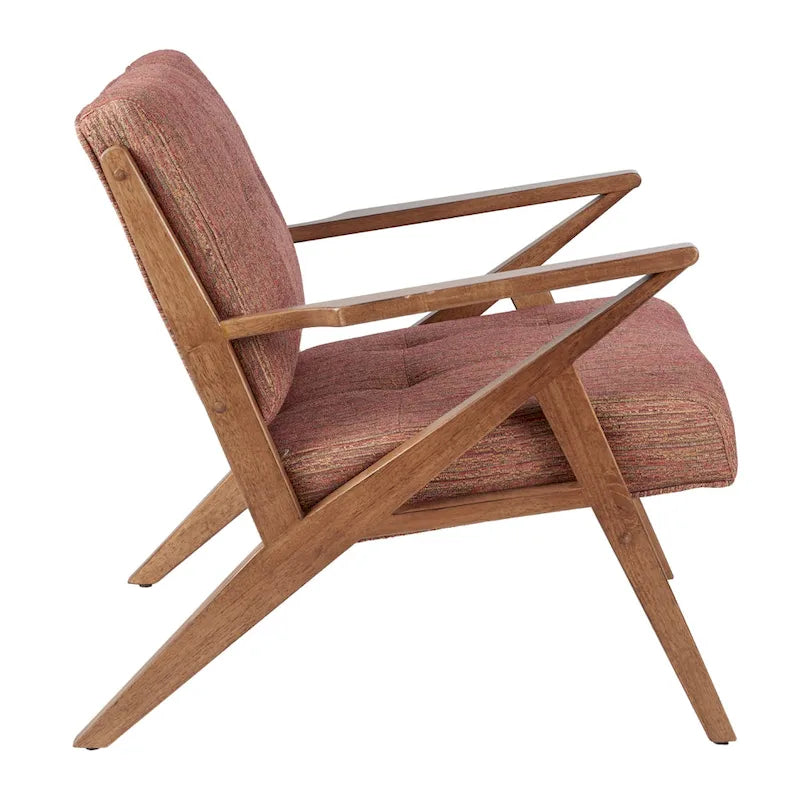 Fauteuil scandinave capitonné en tissu orange et gris clair, avec accoudoirs et cadre en bois incliné – Unité