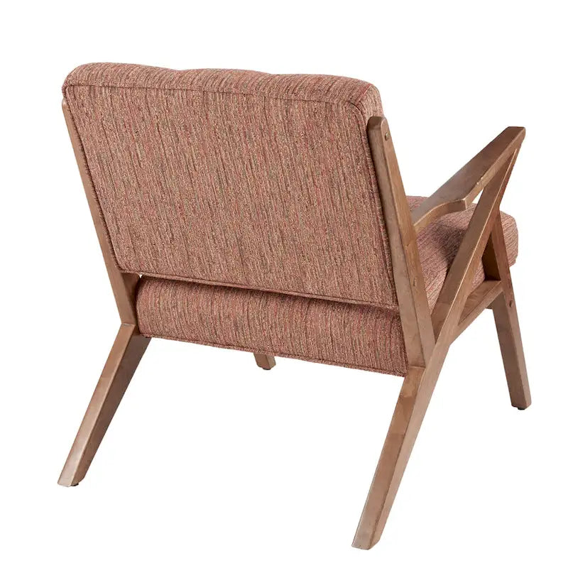 Fauteuil scandinave capitonné en tissu orange et gris clair, avec accoudoirs et cadre en bois incliné – Unité