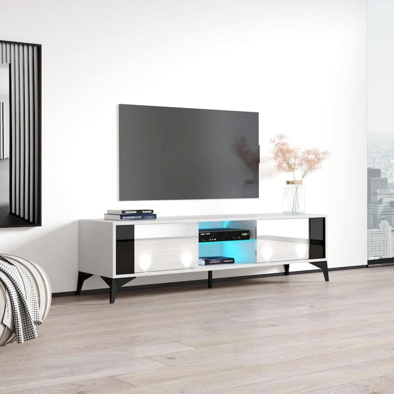 Meuble TV Brillant Blanc / Gris / Noir 63" avec Corps Mat – Simple