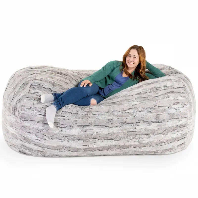 Canapé poire de 213 cm en fausse fourrure Indigo/Rouge/Argenté/Renard des montagnes avec rembourrage en mousse déchiquetée – 1 à 2 places