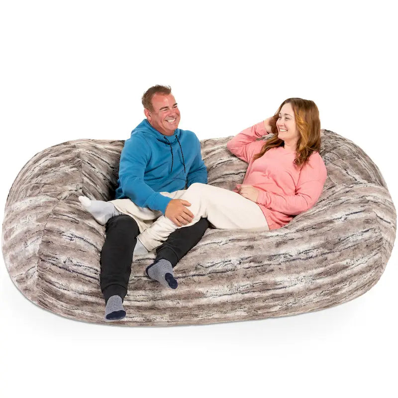 Canapé poire de 213 cm en fausse fourrure Indigo/Rouge/Argenté/Renard des montagnes avec rembourrage en mousse déchiquetée – 1 à 2 places