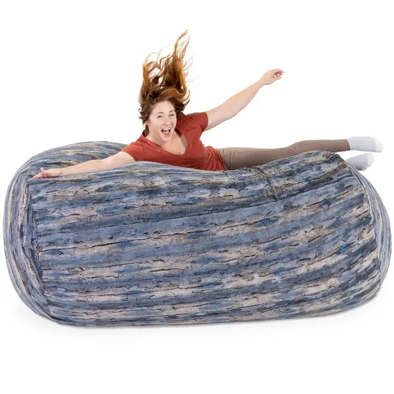 Canapé poire de 213 cm en fausse fourrure Indigo/Rouge/Argenté/Renard des montagnes avec rembourrage en mousse déchiquetée – 1 à 2 places