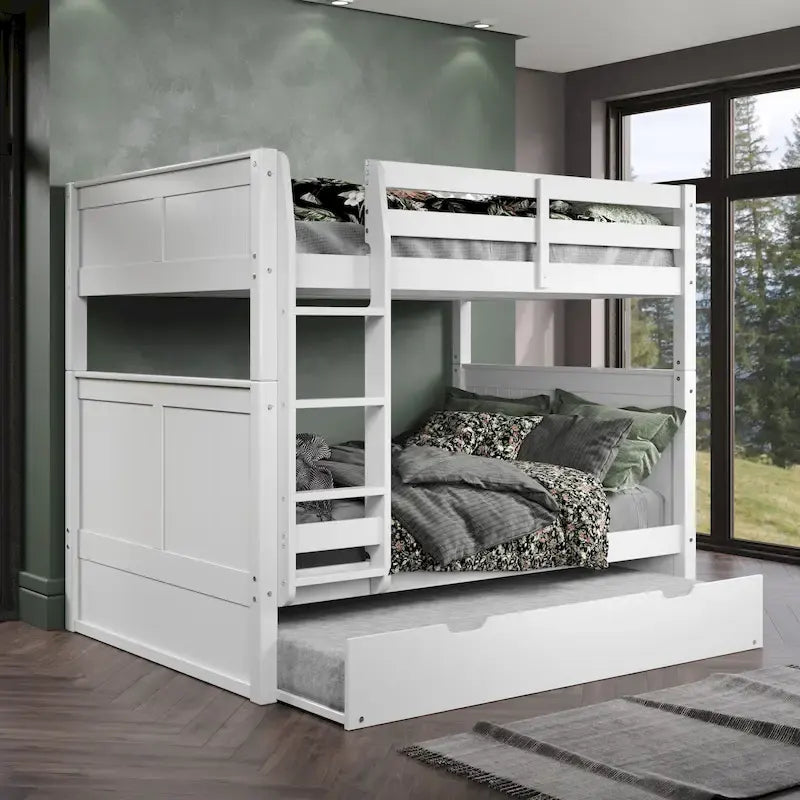 Lit superposé double (sommier et lit supérieur) en bois massif gris/blanc avec tiroir gigogne simple et tête de lit à panneaux – 3 couchages