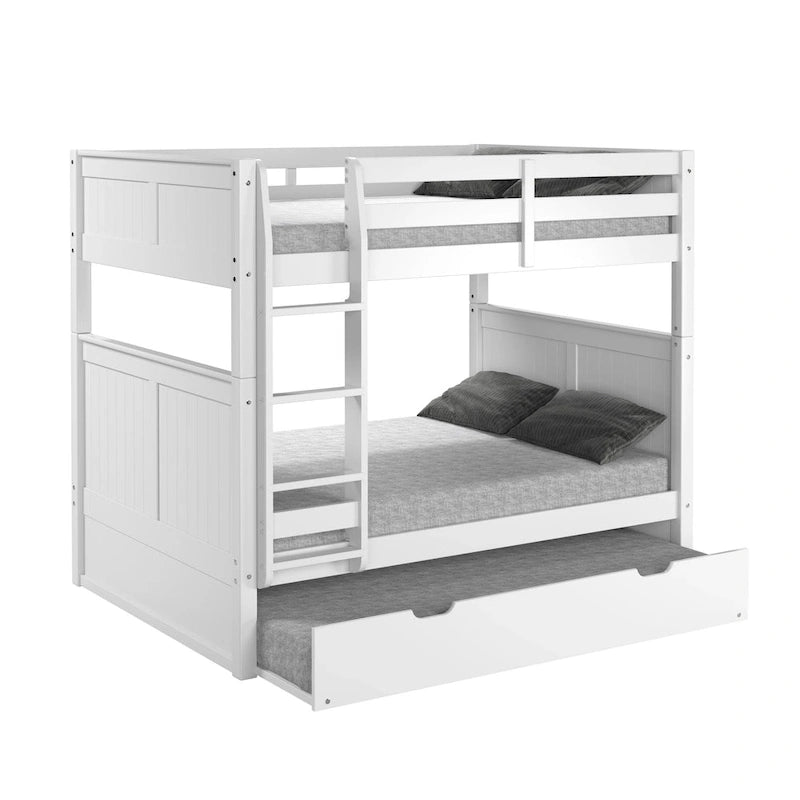 Lit superposé double (sommier et lit supérieur) en bois massif gris/blanc avec tiroir gigogne simple et tête de lit à panneaux – 3 couchages