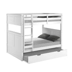 Lit superposé double (sommier et lit supérieur) en bois massif gris/blanc avec tiroir gigogne simple et tête de lit à panneaux – 3 couchages