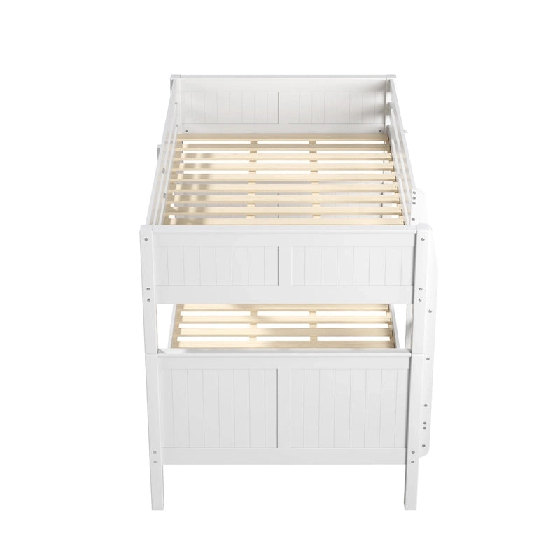 Lit superposé double (sommier et lit supérieur) en bois massif gris/blanc avec tiroir gigogne simple et tête de lit à panneaux – 3 couchages