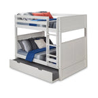 Lit superposé double (sommier et lit supérieur) en bois massif gris/blanc avec tiroir gigogne simple et tête de lit à panneaux – 3 couchages