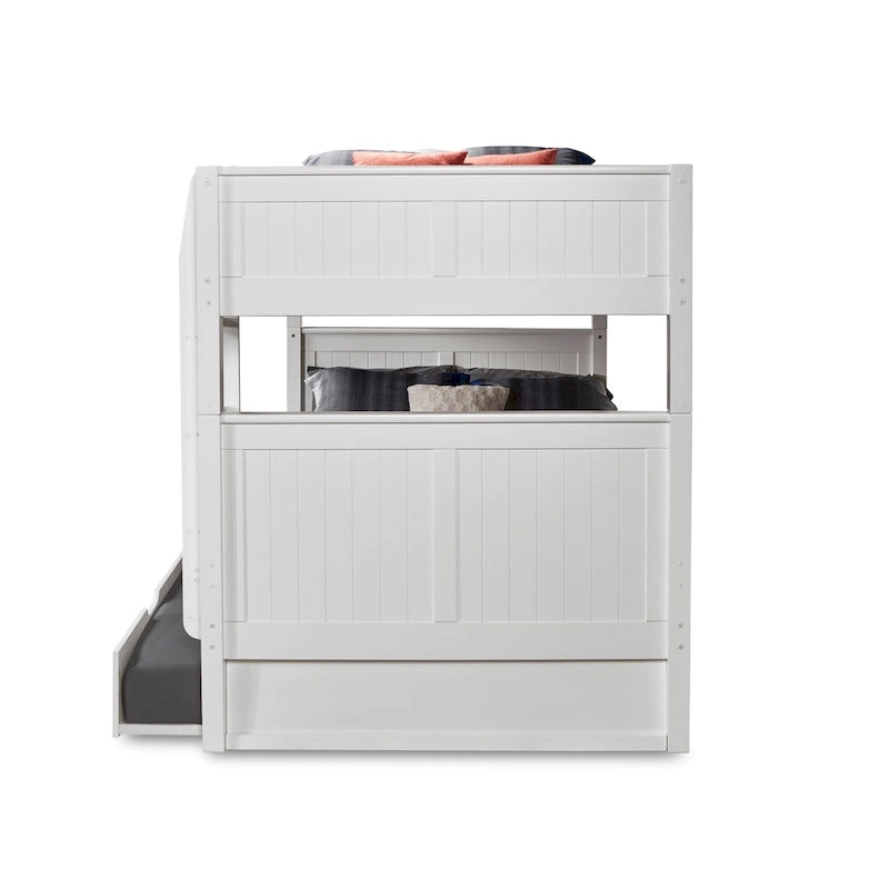 Lit superposé double (sommier et lit supérieur) en bois massif gris/blanc avec tiroir gigogne simple et tête de lit à panneaux – 3 couchages