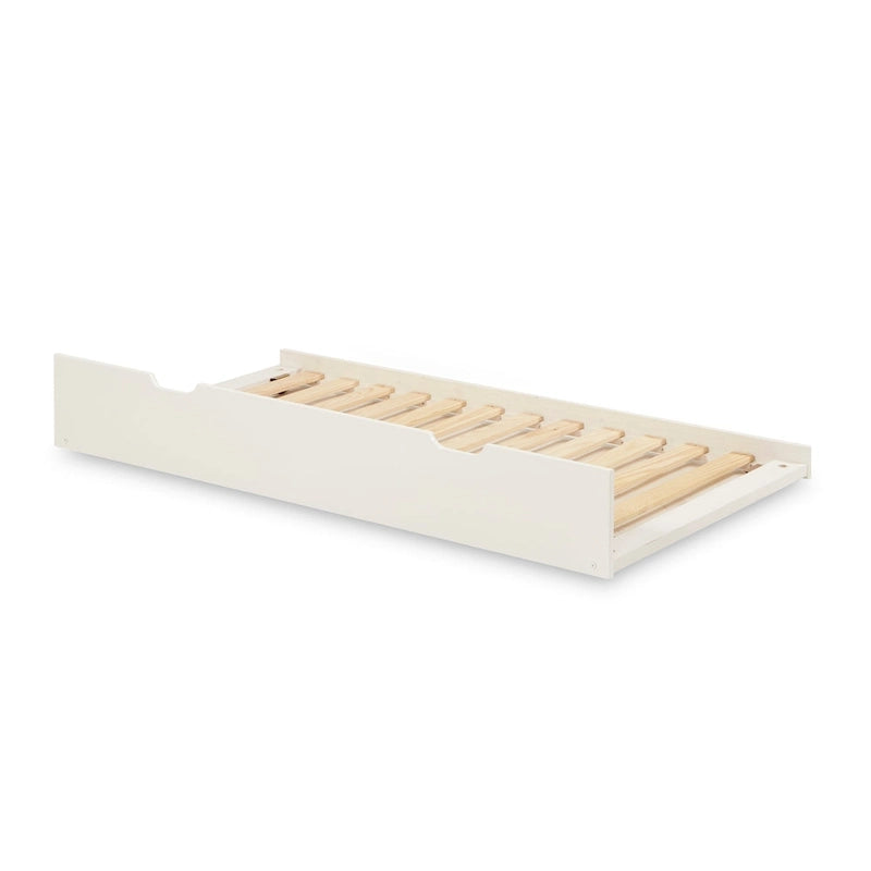 Lit superposé double (sommier et lit supérieur) en bois massif gris/blanc avec tiroir gigogne simple et tête de lit à panneaux – 3 couchages