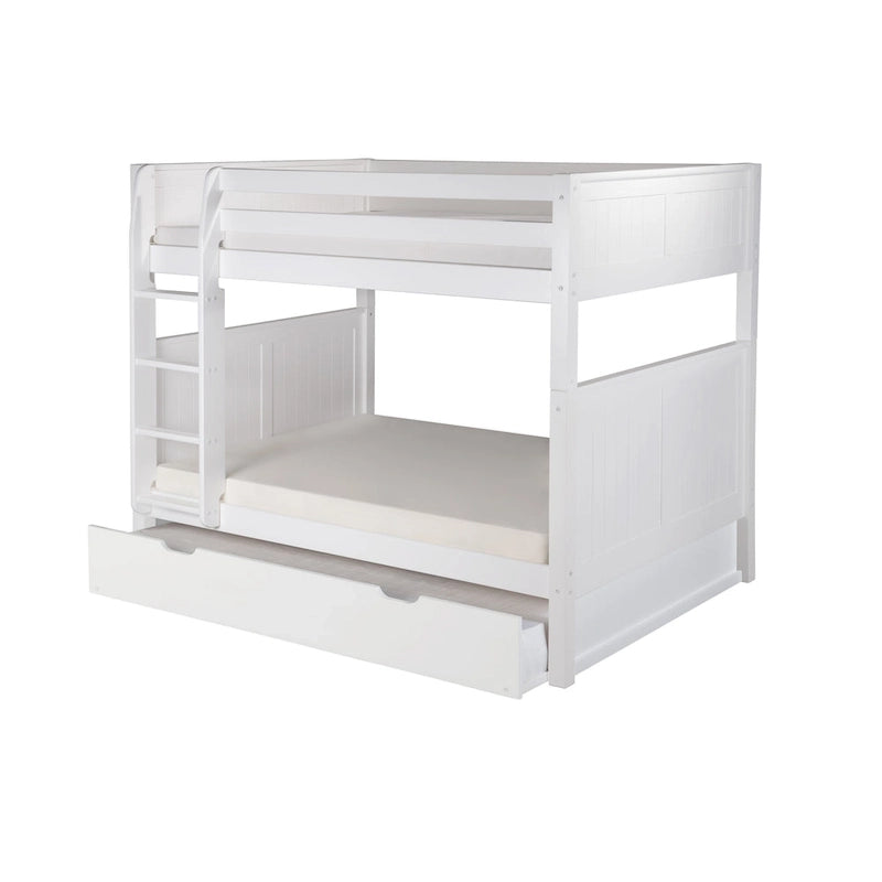 Lit superposé double (sommier et lit supérieur) en bois massif gris/blanc avec tiroir gigogne simple et tête de lit à panneaux – 3 couchages