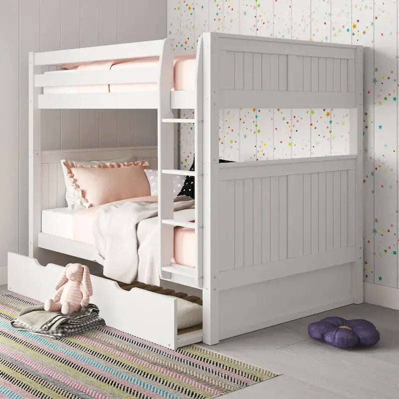 Lit superposé double (sommier et lit supérieur) en bois massif gris/blanc avec tiroir gigogne simple et tête de lit à panneaux – 3 couchages