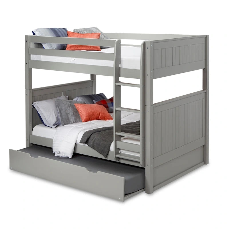 Lit superposé double (sommier et lit supérieur) en bois massif gris/blanc avec tiroir gigogne simple et tête de lit à panneaux – 3 couchages