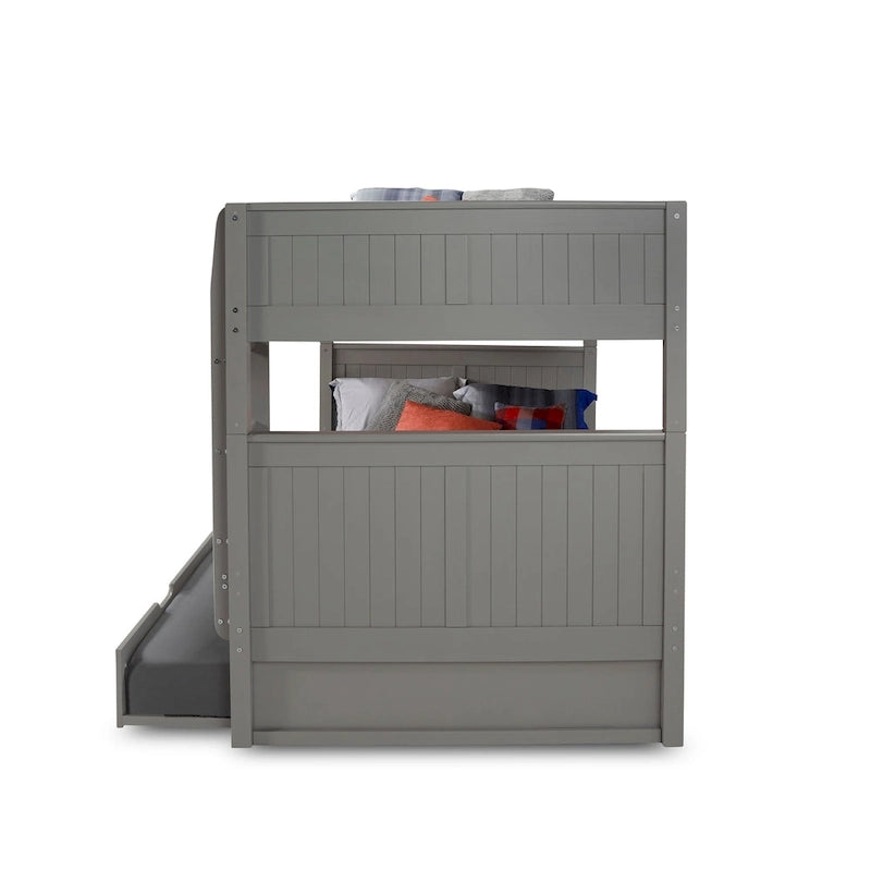 Lit superposé double (sommier et lit supérieur) en bois massif gris/blanc avec tiroir gigogne simple et tête de lit à panneaux – 3 couchages