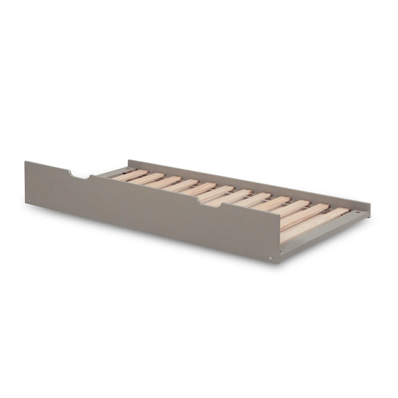 Lit superposé double (sommier et lit supérieur) en bois massif gris/blanc avec tiroir gigogne simple et tête de lit à panneaux – 3 couchages