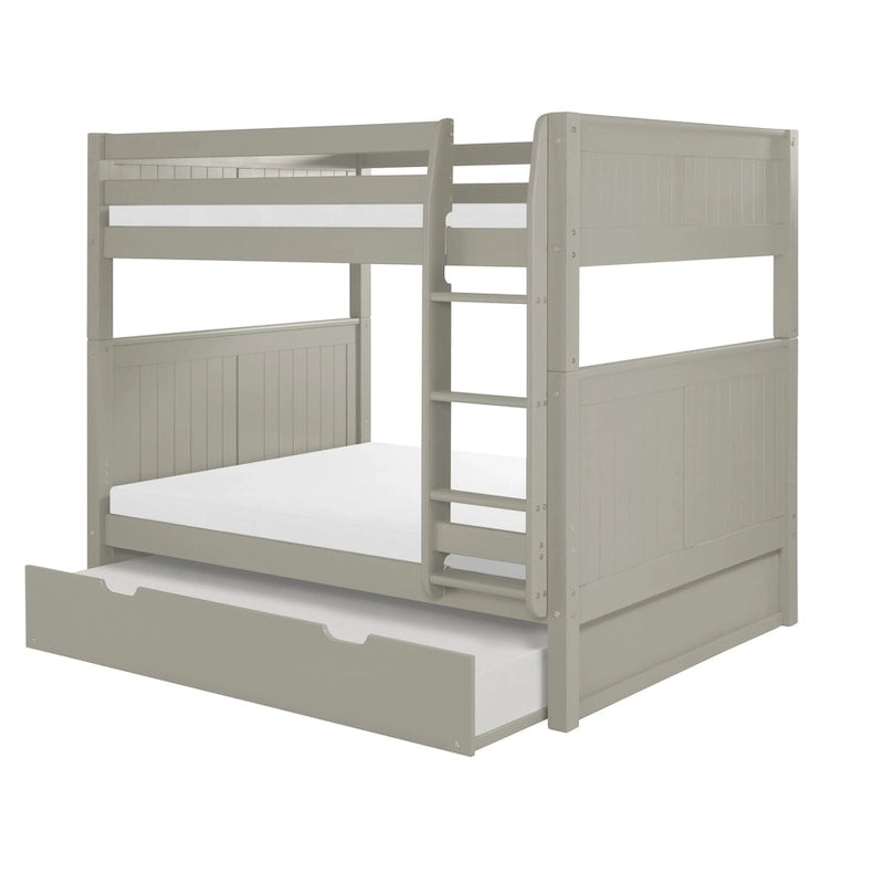 Lit superposé double (sommier et lit supérieur) en bois massif gris/blanc avec tiroir gigogne simple et tête de lit à panneaux – 3 couchages