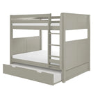 Lit superposé double (sommier et lit supérieur) en bois massif gris/blanc avec tiroir gigogne simple et tête de lit à panneaux – 3 couchages