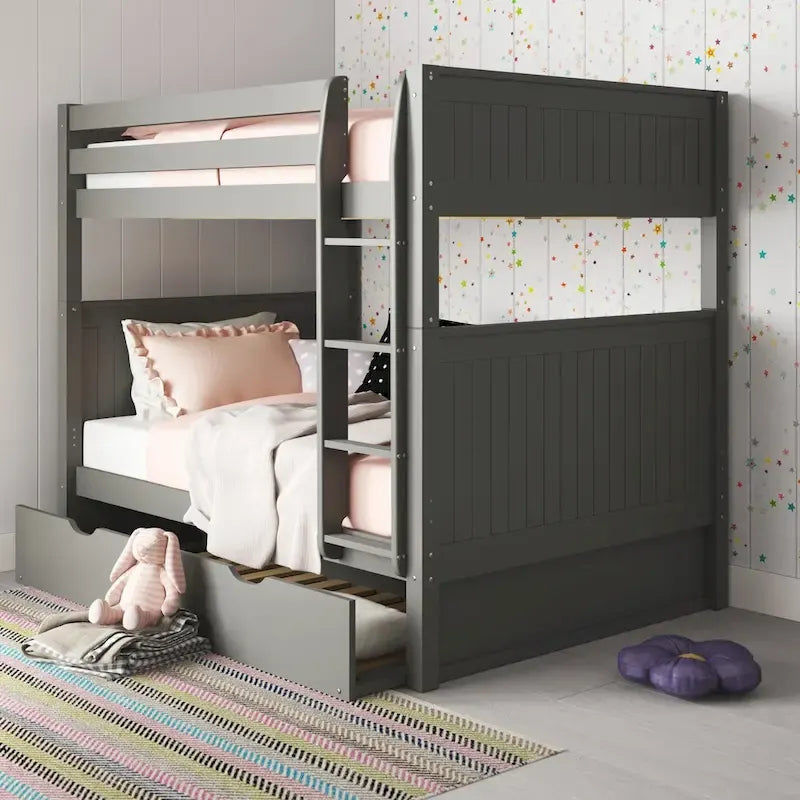 Lit superposé double (sommier et lit supérieur) en bois massif gris/blanc avec tiroir gigogne simple et tête de lit à panneaux – 3 couchages