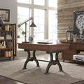 Bureau en peuplier et acacia marron galet avec base en métal industriel, 3 tiroirs et tablette à clavier rabattable – Simple