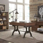 Bureau en peuplier et acacia marron galet avec base en métal industriel, 3 tiroirs et tablette à clavier rabattable – Simple