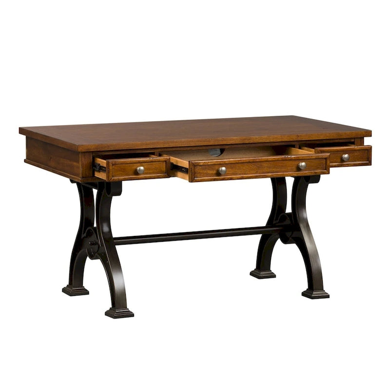 Bureau en peuplier et acacia marron galet avec base en métal industriel, 3 tiroirs et tablette à clavier rabattable – Simple