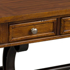 Bureau en peuplier et acacia marron galet avec base en métal industriel, 3 tiroirs et tablette à clavier rabattable – Simple