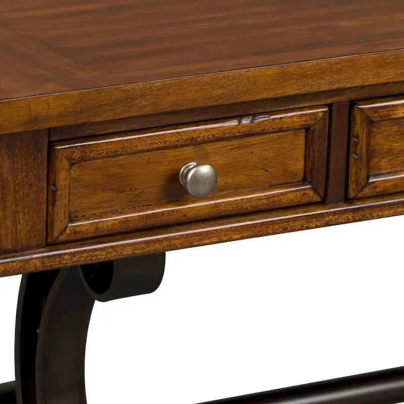 Bureau en peuplier et acacia marron galet avec base en métal industriel, 3 tiroirs et tablette à clavier rabattable – Simple