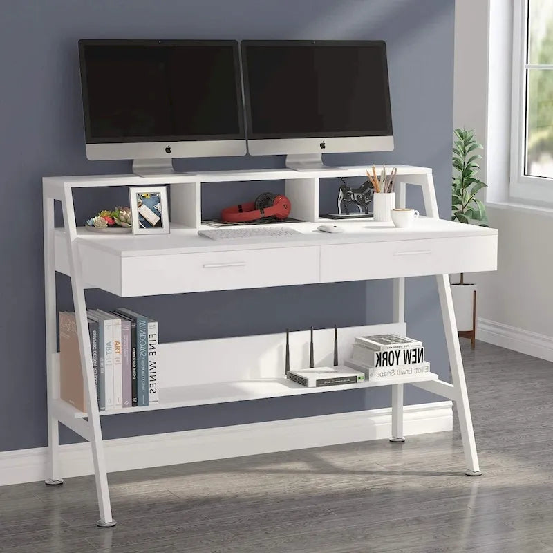 Bureau informatique blanc/noir avec 2 tiroirs, support d'écran et étagère de rangement inférieure – Individuel
