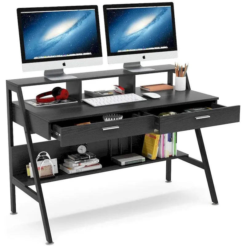 Bureau informatique blanc/noir avec 2 tiroirs, support d'écran et étagère de rangement inférieure – Individuel