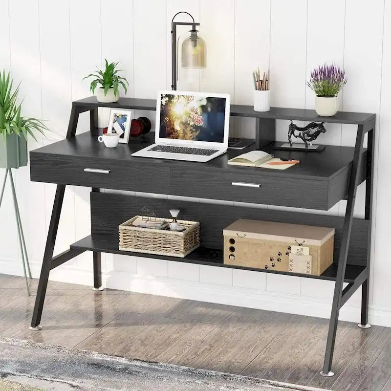 Bureau informatique blanc/noir avec 2 tiroirs, support d'écran et étagère de rangement inférieure – Individuel