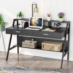 Bureau informatique blanc/noir avec 2 tiroirs, support d'écran et étagère de rangement inférieure – Individuel