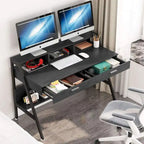 Bureau informatique blanc/noir avec 2 tiroirs, support d'écran et étagère de rangement inférieure – Individuel