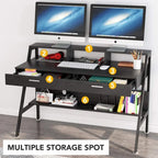 Bureau informatique blanc/noir avec 2 tiroirs, support d'écran et étagère de rangement inférieure – Individuel