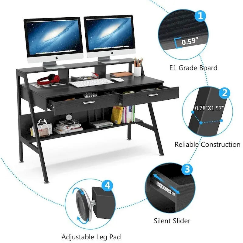 Bureau informatique blanc/noir avec 2 tiroirs, support d'écran et étagère de rangement inférieure – Individuel