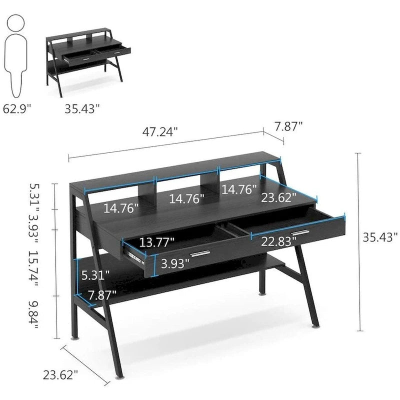 Bureau informatique blanc/noir avec 2 tiroirs, support d'écran et étagère de rangement inférieure – Individuel
