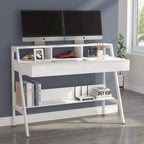 Bureau informatique blanc/noir avec 2 tiroirs, support d'écran et étagère de rangement inférieure – Individuel