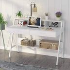 Bureau informatique blanc/noir avec 2 tiroirs, support d'écran et étagère de rangement inférieure – Individuel