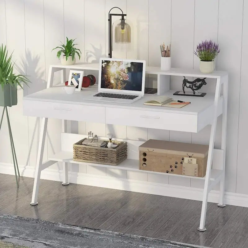 Bureau informatique blanc/noir avec 2 tiroirs, support d'écran et étagère de rangement inférieure – Individuel